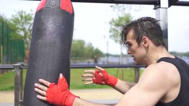 Slow Motion Attractive Muscular Young Man Boxer City Training Place — Stock Video