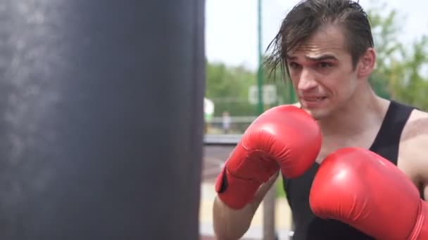 Slow Motion Young Muscular Man Boxer Does Blows City Training — Stock Video