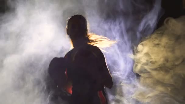 Concept Boxing Silhouette Woman Boxer Fight Shadow Smoke — Stock Video