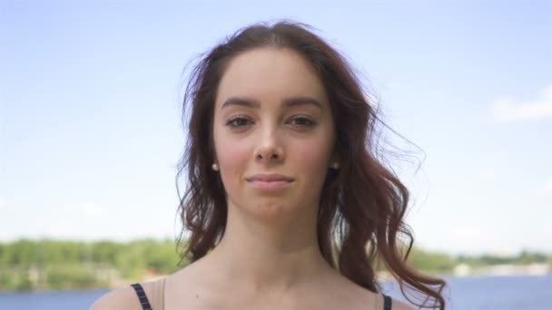 Face Pretty Smiling Young Woman Stand Summer City Area Face — Stock Video