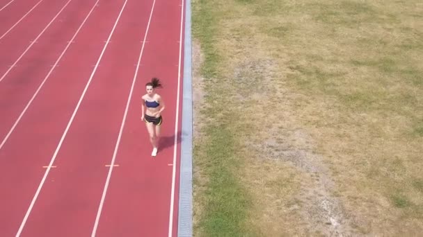 Antenne Heck Überfliegt Laufende Frau Stadion Symbol Des Gesunden Lebens — Stockvideo