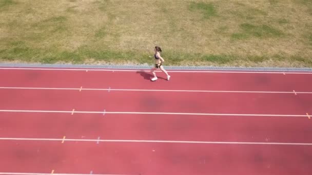 4K空中 女性のブルネットは スタジアム 横飛ぶ トップビューで実行されます 健康的な生活 — ストック動画