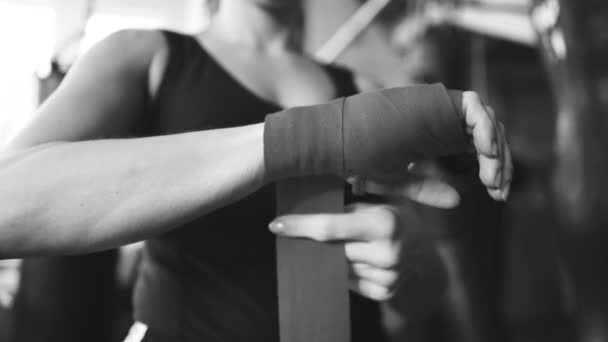 Woman Sporty Boxer Reels Red Belts Hands Steady Shot Black — Stock Video