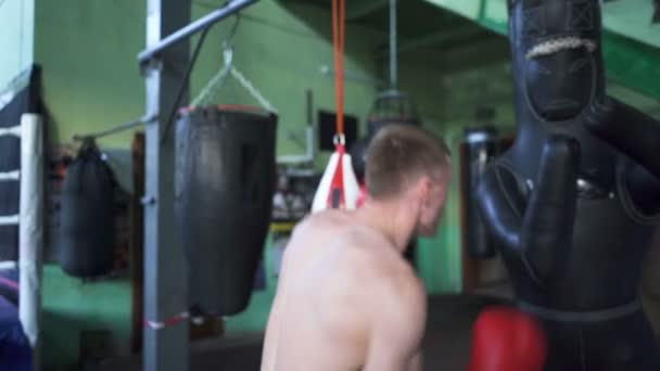 Hombre Boxeador Profesional Lucha Con Caja Boxeo Tiro Constante Equipo — Vídeo de stock