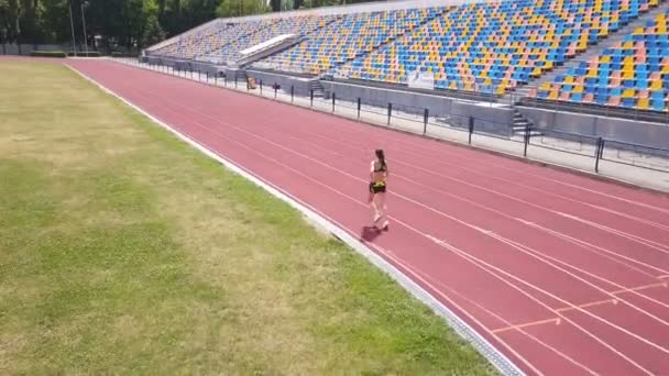 Aerial Female Athlete Track Young Runner Running Track Stadium Jog — Stock Video