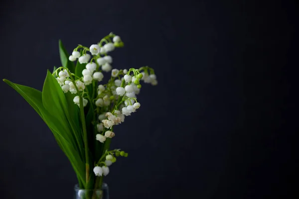 テキストのための場所と黒の背景に谷のユリの花束 繊細な白い春の花 ガラス瓶の中の花束 静物画だ コピースペース — ストック写真