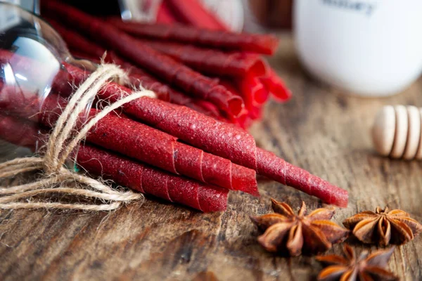 Pastille, fruit rolls. Fruit Marshmallow. Pureed fruits are dried and rolled up. Natural and healthy snack food. Sugar-Free, healthy nutrition, sweetness.