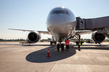Kyiv, Ukrayna - 1 Temmuz 2020: Boryspil Uluslararası Havaalanı platformunda uçak. Boeing 787-9 Dreamliner. TC-LLK TURKISH HAVAALARI.
