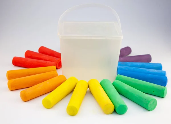 Colorful Chalks Plastic Bucket Isolated White Background Close Layout Place — Stock Photo, Image