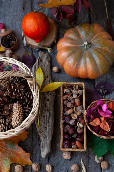 Natura Morta Autunno Una Vista Superiore Tavolo Legno Zucca Castagne — Foto Stock