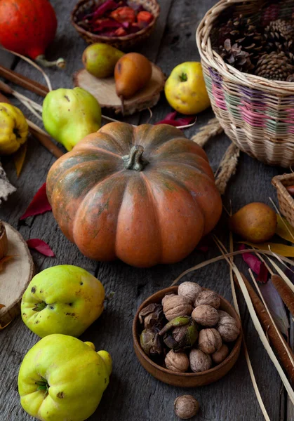 Podzimní Zátiší Dřevěném Stolku Dýně Kaštany Žaludy Quince Ořechy Kornouty — Stock fotografie