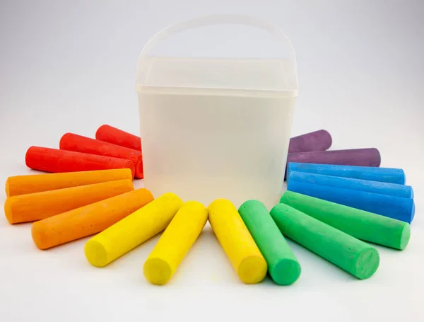 Colorful Chalks Plastic Bucket Isolated White Background Close Layout Place — Stock Photo, Image