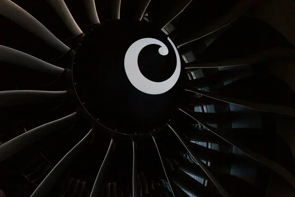 Turbine blades of an aircraft jet engine. Close up Turbines Engine. Aviation Technologies. Aircraft jet detail during maintenance. Background. Macro.
