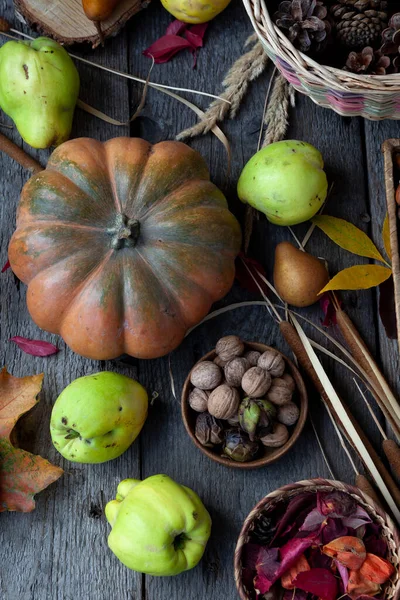 Natura Morta Autunno Una Vista Superiore Tavolo Legno Zucca Castagne — Foto Stock