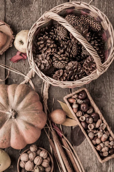 Natura Morta Autunno Una Vista Superiore Tavolo Legno Zucca Castagne — Foto Stock