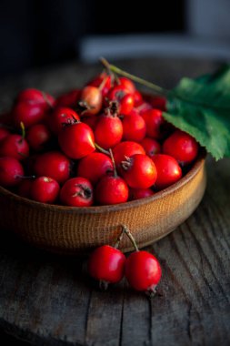 Yararlı bir bitkinin kırmızı böğürtlenleri. Gül kalçası gibi görünüyor. Tıpta kullanılan tıbbi bir bitki. Meyve üst görünümünden arkaplan.