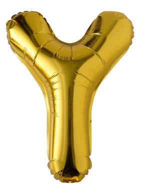 Altın folyo renkli Y balonu beyaz arka planda izole edilmiş. Altın Parti etkinlik dekoru