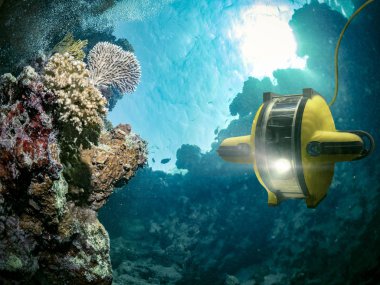 Underwater robot explores the deep sea - This image is an illustration clipart
