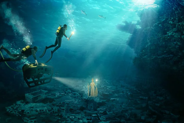 Bei Dieser Komposition Entdecken Taucher Atlantis — Stockfoto