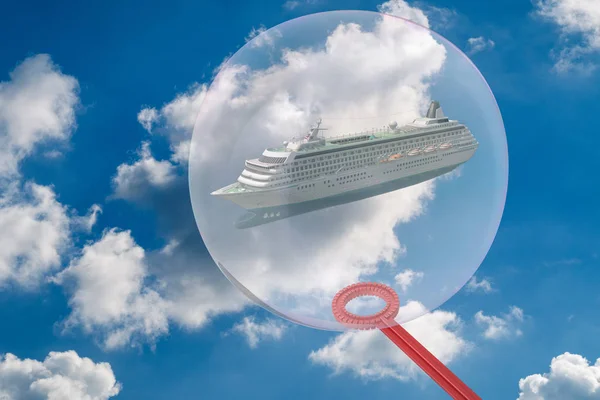 大きなバブルがクルーズ船を取り囲む - 3Dイラスト — ストック写真