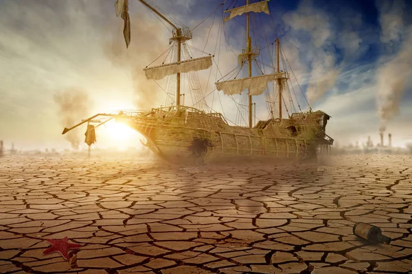 Hajótörés a sivatagban-3D-illusztráció — Stock Fotó