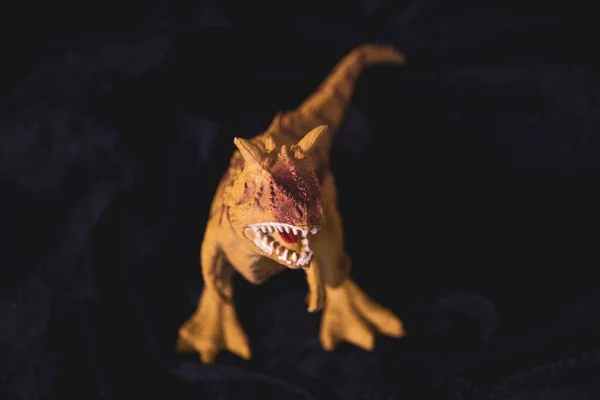 Photo Toy Baby Dinosaur Dark Background Plastic Toy — Stock Photo, Image