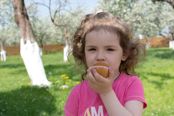 Little girl eat cake at picnic