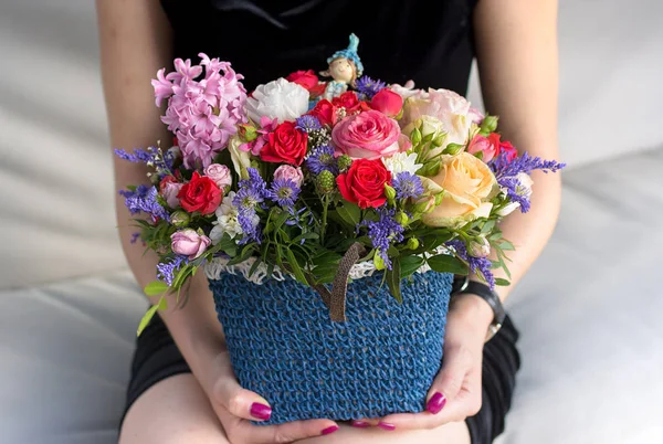 Basket Bright Flowers Girl Hand — Stock Photo, Image
