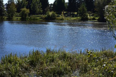 Mavi gökyüzü arka plan üzerinde iki banka arasında nehir