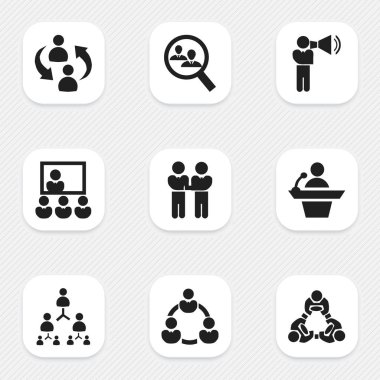 9 düzenlenebilir topluluk simgeler kümesi. İşe Alım, ekip çalışması, hoparlör ve daha fazlası gibi simgeler içerir. Web, mobil, UI ve Infographic tasarım için kullanılabilir.