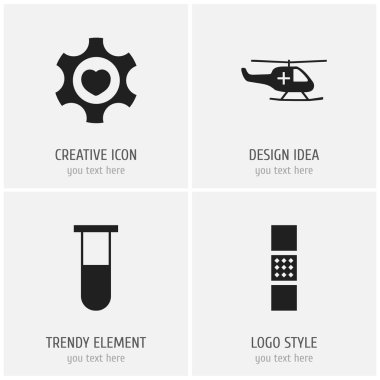 4 düzenlenebilir klinik simgeler kümesi. Helikopter, tedavi yama, dişli ve daha fazlası gibi simgeler içerir. Web, mobil, UI ve Infographic tasarım için kullanılabilir.