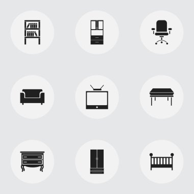 9 düzenlenebilir mobilya simgeler kümesi. Çekmece göğüs, kanepe, tv ve daha fazlası gibi simgeler içerir. Web, mobil, UI ve Infographic tasarım için kullanılabilir.