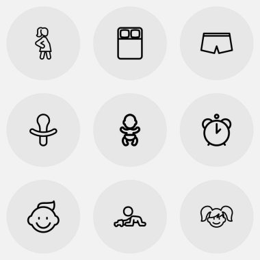 9 düzenlenebilir yakınları simgeler çizgi stili kümesi. Hamile kadın, çocuk, alarm ve daha fazlası gibi simgeler içerir. Web, mobil, UI ve Infographic tasarım için kullanılabilir.