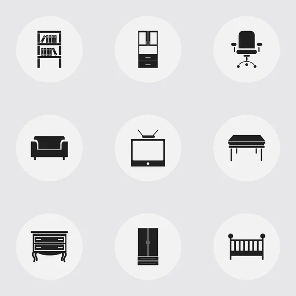 Set von 9 editierbaren Möbelsymbolen. enthält Symbole wie Kommode, Canape, Fernseher und vieles mehr. kann für Web-, Mobil-, UI- und Infografik-Design verwendet werden. — Stockvektor