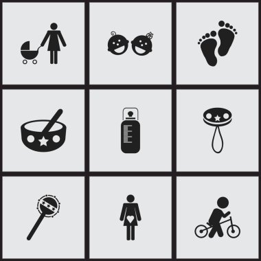 9 düzenlenebilir çocuk simgeler kümesi. Hollowware, laklak, bebek kadınla ve daha fazlası gibi simgeler içerir. Web, mobil, UI ve Infographic tasarım için kullanılabilir.