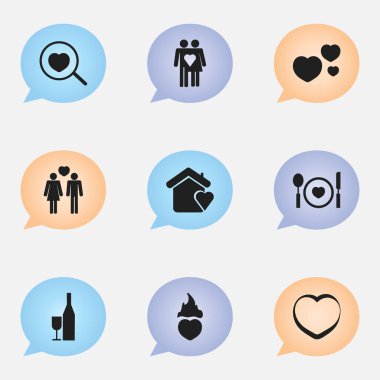 9 düzenlenebilir amour simgeler kümesi. Plaka, şampanya, beau ve daha fazlası gibi simgeler içerir. Web, mobil, UI ve Infographic tasarım için kullanılabilir.