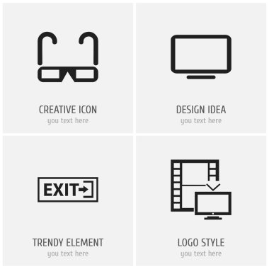 4 düzenlenebilir sinema simgeler kümesi. Bilgisayar ekranı, çıkış, televizyon ve daha fazlası gibi simgeler içerir. Web, mobil, UI ve Infographic tasarım için kullanılabilir.