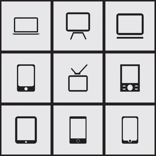 Ensemble de 9 icônes d'instrument modifiables. Comprend des symboles tels que lecteur mp3, téléphone, ordinateur portable et plus. Peut être utilisé pour la conception web, mobile, UI et infographique . — Image vectorielle