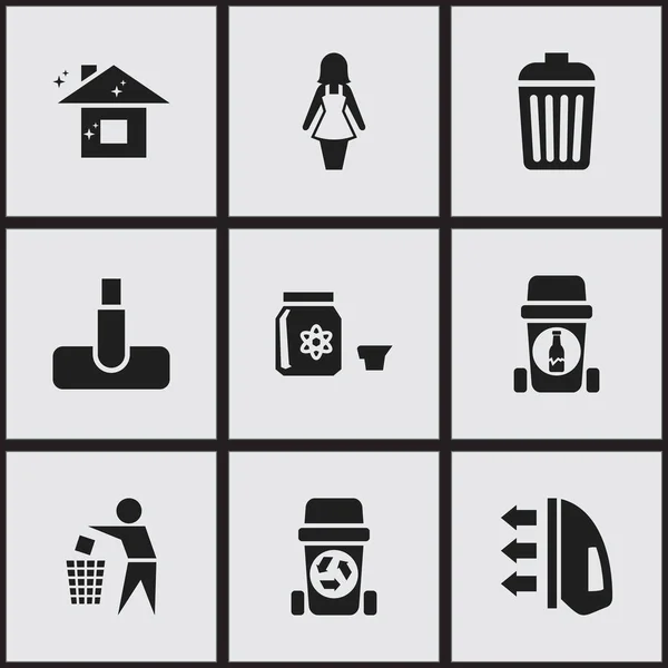 Conjunto de 9 iconos de limpieza editables. Incluye símbolos como el reciclaje de vidrio, aspiradora, cubo de basura y más. Se puede utilizar para diseño web, móvil, IU e infografía . — Vector de stock
