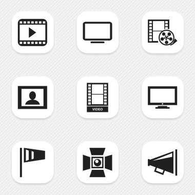 9 düzenlenebilir filme simgeler kümesi. Kayıt, bilgisayar ekranı, ekran ve daha fazlası gibi simgeler içerir. Web, mobil, UI ve Infographic tasarım için kullanılabilir.