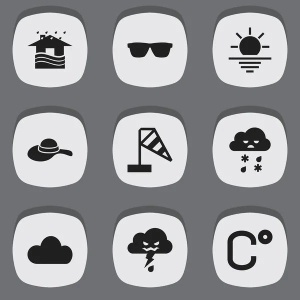 Satz von 9 editierbaren Klima-Symbolen. beinhaltet Symbole wie Sonnenbrille, Windrichtung, Sonnenaufgang und mehr. kann für Web-, Mobil-, UI- und Infografik-Design verwendet werden. — Stockvektor