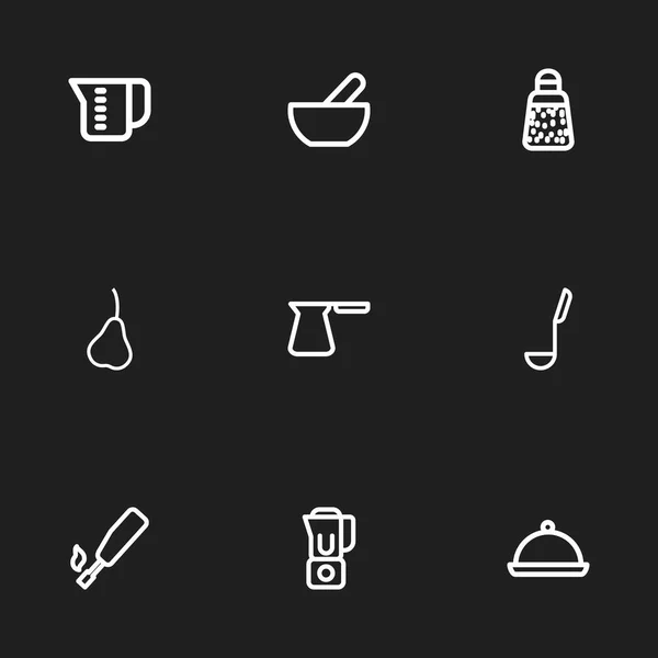 Set de 9 iconos de cocina editables estilo línea. Incluye símbolos como pera, cucharón, pimentón y más. Se puede utilizar para diseño web, móvil, IU e infografía . — Vector de stock