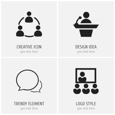 4 düzenlenebilir işbirliği simgeler kümesi. Diyalog, tanıtımı, konuşma ve daha fazlası gibi simgeler içerir. Web, mobil, UI ve Infographic tasarım için kullanılabilir.