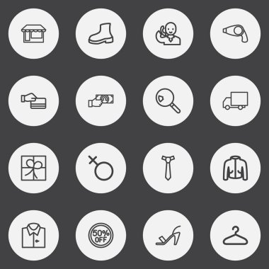 16 düzenlenebilir alışveriş simgeleri çizgi stili kümesi. Şerit, askı, bakkal ve daha fazlası gibi simgeler içerir. Web, mobil, UI ve Infographic tasarım için kullanılabilir.