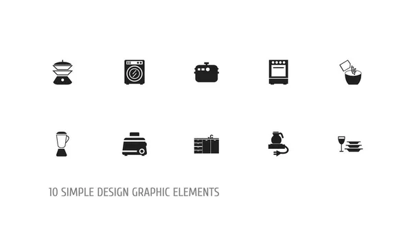 设置10个可编辑的烹饪图标。包括菜肴、菜肴、烤面包机等符号。可用于 web、移动、Ui 和图表设计. — 图库矢量图片