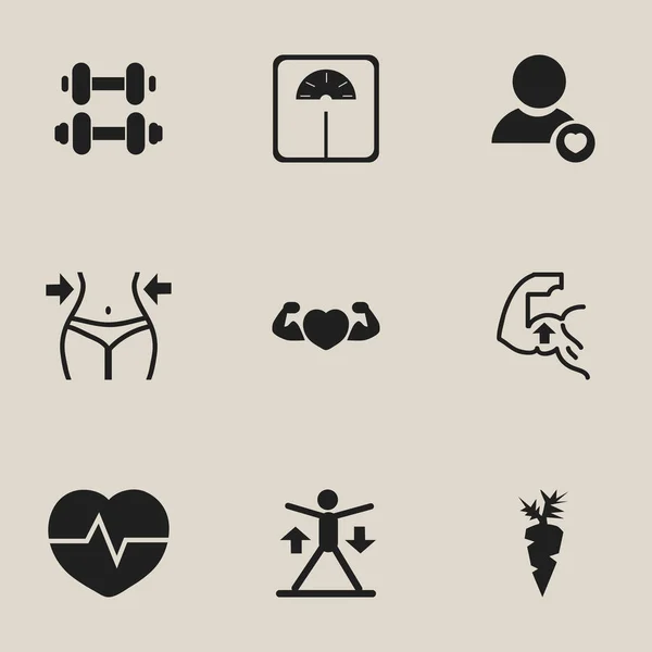 Набір з 9 для редагування фітнес іконок. Включає в себе символи такі як м'язів серця, Пульс, втратити вагу і багато іншого. Може використовуватися для веб, мобільні, дизайн інтерфейсу і інфографіки. — стоковий вектор