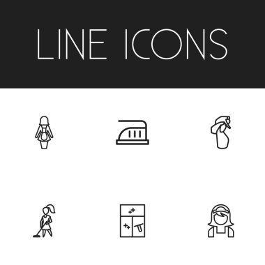 6 düzenlenebilir hijyen simgeler çizgi stili kümesi. Temizlik, hizmetçi, demir ve daha fazlası gibi simgeler içerir. Web, mobil, UI ve Infographic tasarım için kullanılabilir.