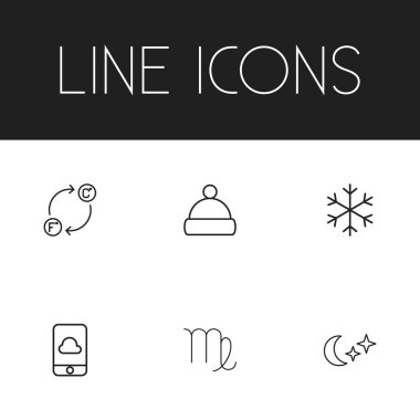 6 düzenlenebilir iklim simgeler çizgi stili kümesi. Şapkalar gibi simgeler celsius fahrenheit, kar tanesi ve daha fazlasını içerir. Web, mobil, UI ve Infographic tasarım için kullanılabilir.