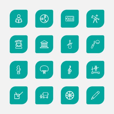 16 düzenlenebilir eğitim simgeler çizgi stili kümesi. Heykel, sepet, kalem ve daha fazlası gibi simgeler içerir. Web, mobil, UI ve Infographic tasarım için kullanılabilir.