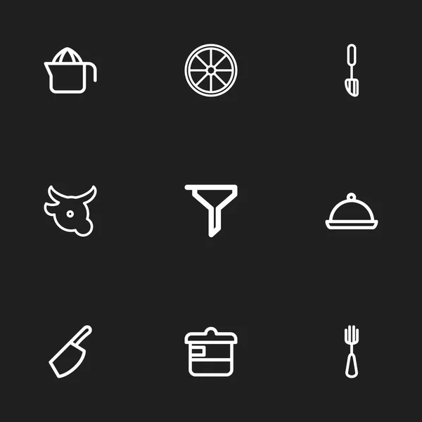 Набір з 9 можна редагувати стиль приготування їжі іконки лінії. Включає в себе символи, такі як запіканка, телятини, Відкатавши та багато іншого. Може використовуватися для веб, мобільні, дизайн інтерфейсу і інфографіки. — стоковий вектор